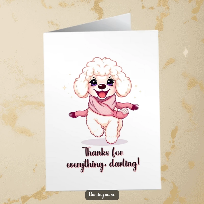 Funny Free Printable Poodle Thank You Card: Poodle with a radiant smile spinning with a shimmering scarf.