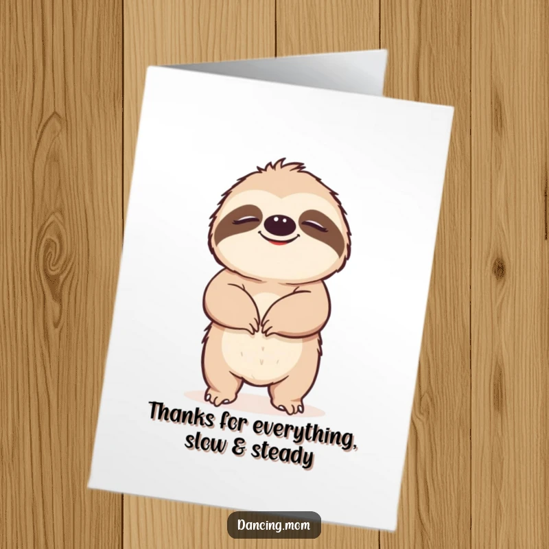 Funny Free Printable Thank You Card: Content sloth grooving slowly with eyes closed, expressing heartfelt thanks with zen.