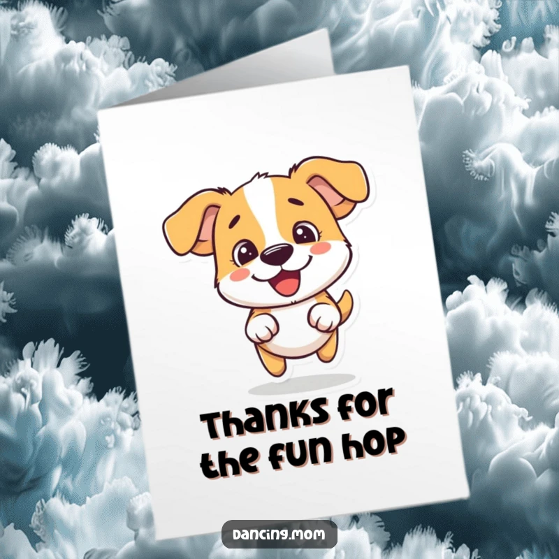 Funny Free Printable Thank You Card: A dog does a silly hop showcasing pure, happy fun.