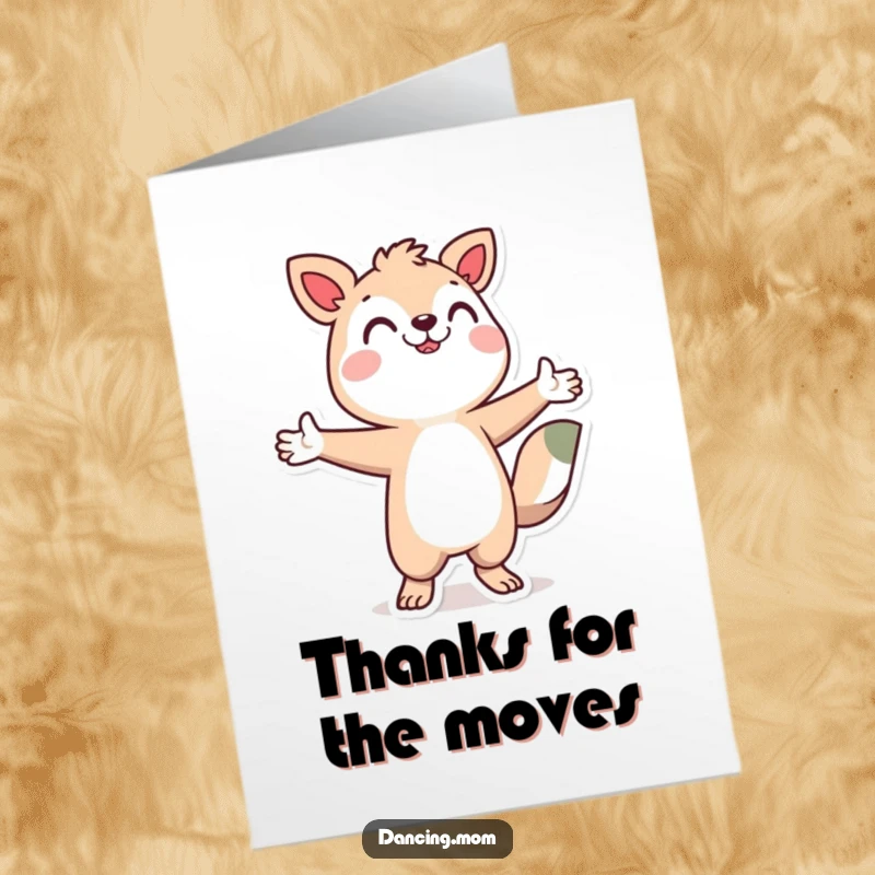 Funny Free Printable Thank You Card: Stylized animal character dancing energetically with arms out, conveying thanks.