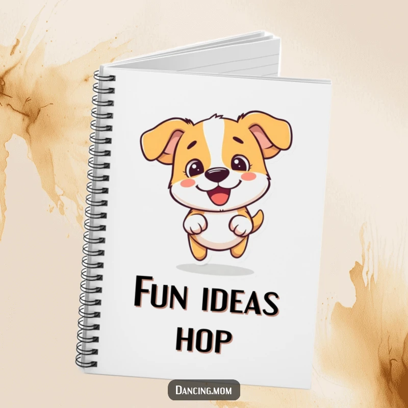 Funny dog notebook with a dog doing a silly little hop with pure fun, perfect for jotting down happy thoughts.