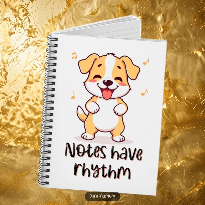Funny dog notebook with a dog wiggling its hips with infectious rhythm, perfect for jotting down happy thoughts.