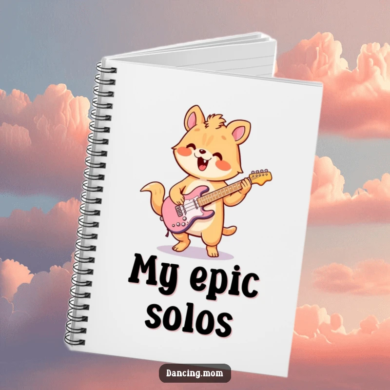 Funny notebook with a kawaii animal design, depicted playing air guitar with enthusiastic flair, perfect for jotting ideas.