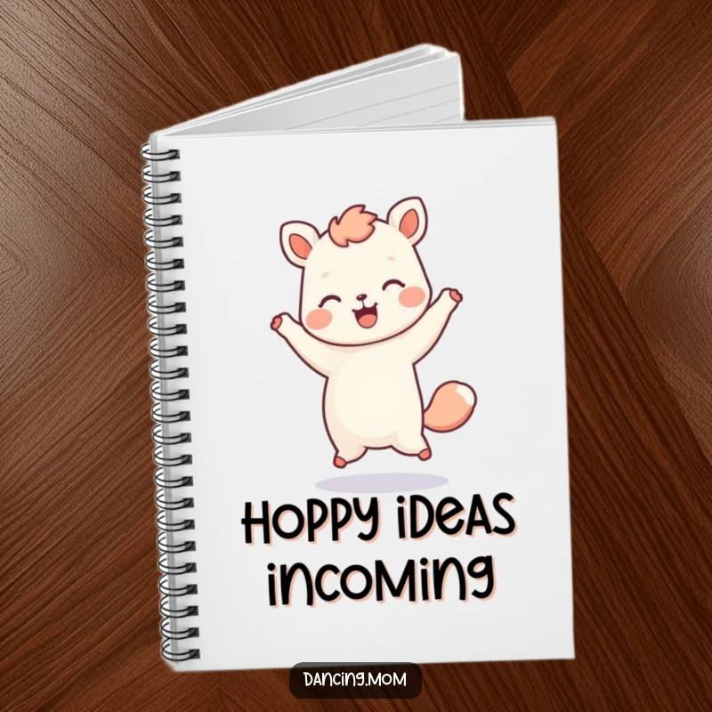 Funny notebook with a kawaii dancing animal doing a playful hop, inspiring happy thoughts and creative ideas.