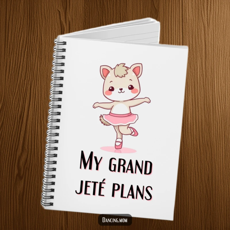 Funny kawaii dancing animal character in ballet shoes, poised in a dance pose, on the cover of a notebook.