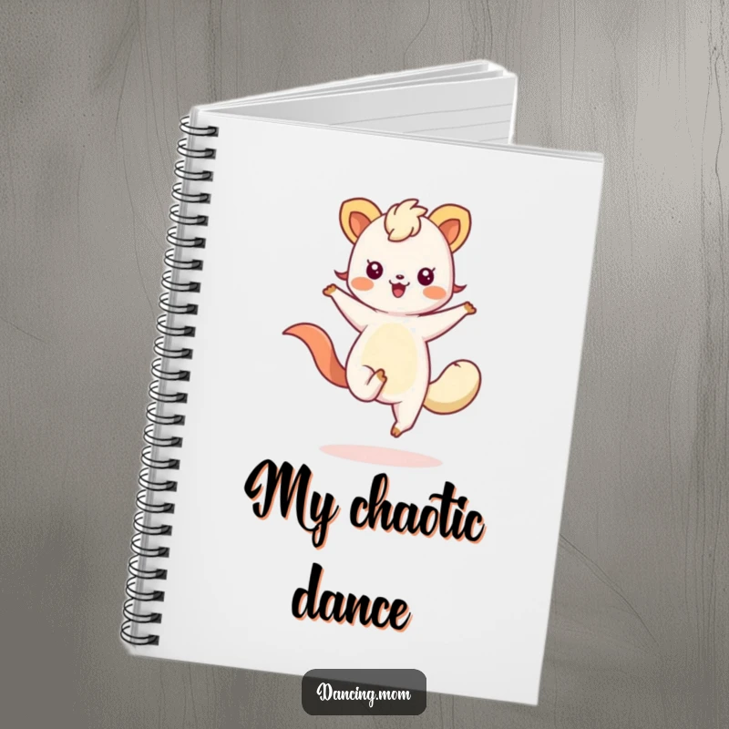 Funny notebook with a kawaii animal design, depicted with flowing limbs mid-twirl, perfect for jotting down creative ideas.