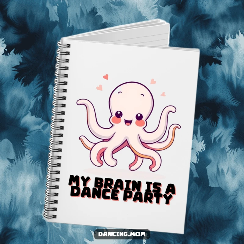 Funny Octopus notebook with a cover showing a delighted creature wiggling arms in a dance, ideal for jotting down funny notes.