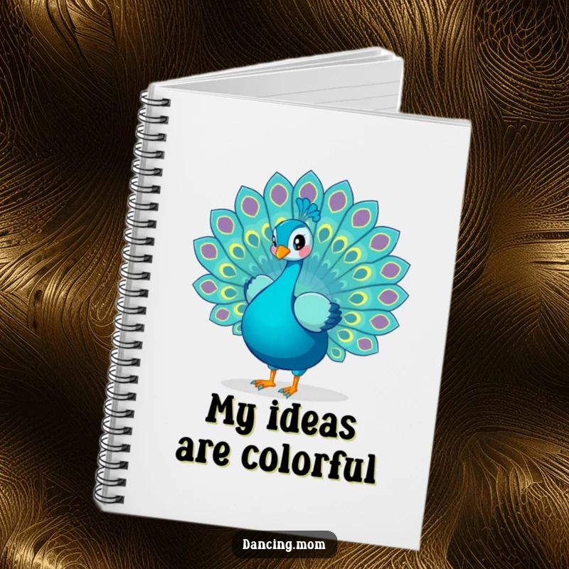 Funny Peacock notebook with a cover showing a playful peacock fanning its tail feathers in a dance, ideal for jotting down bright ideas.
