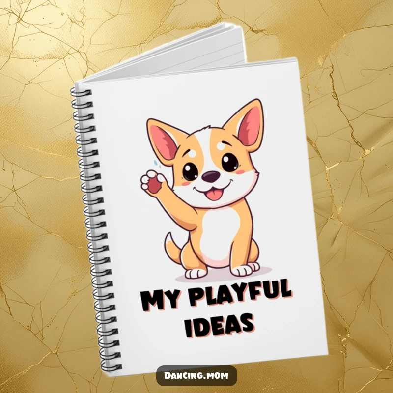 Funny notebook with a dog in a playful pose, paw raised high, inspiring energetic notes and active ideas.
