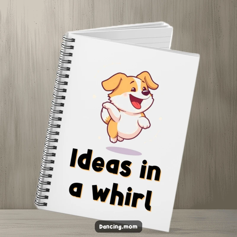 Funny dog notebook with a dog spinning in visible delight, a blur of motion perfect for jotting down funny thoughts.