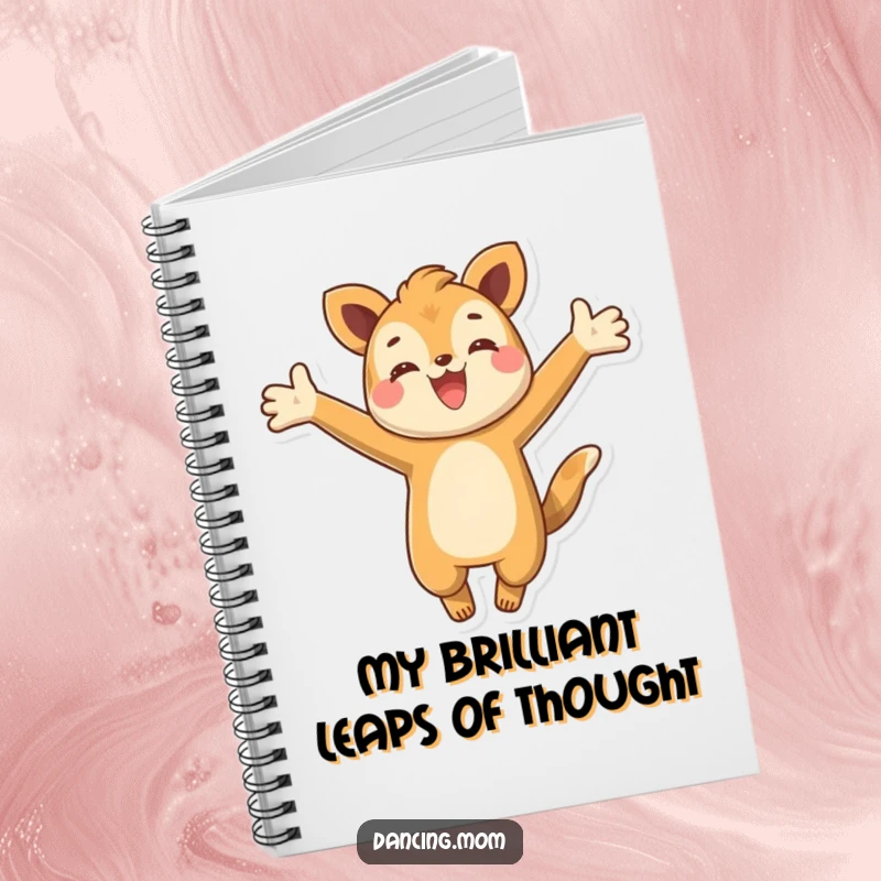 Funny notebook cover featuring a happy animal character leaping with arms outstretched, symbolizing energetic thoughts and creative bursts.