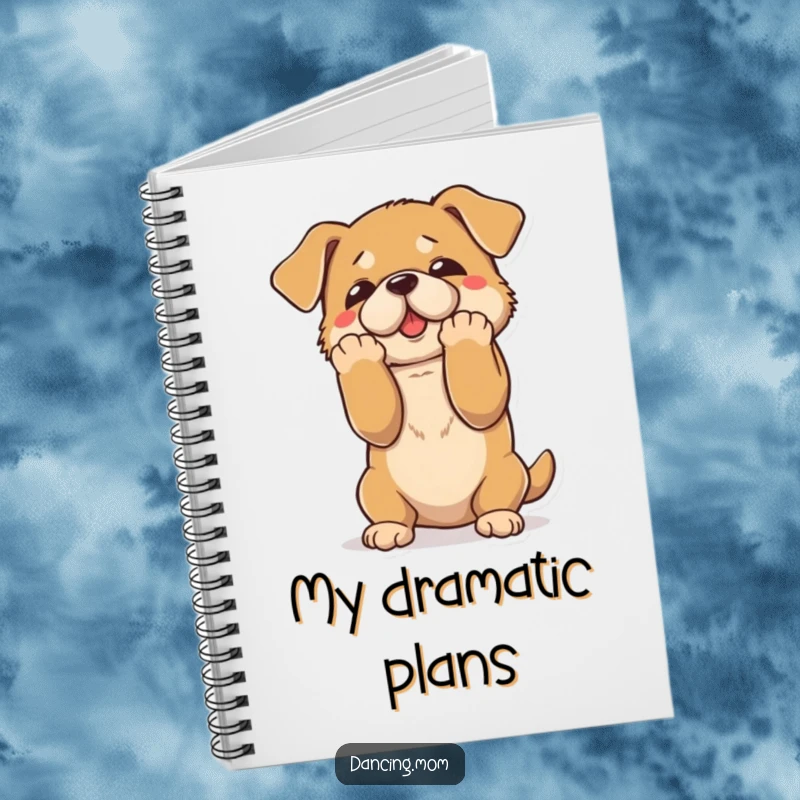 Funny notebook with a dog performing a dramatic bow, paws elegantly spread, inspiring grand ideas and theatrical notes.
