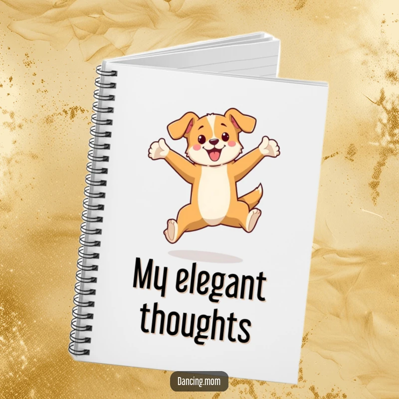 Funny notebook featuring a dog in an elegant, mid-air leaping pose, ready to inspire creative writing and humorous notes.