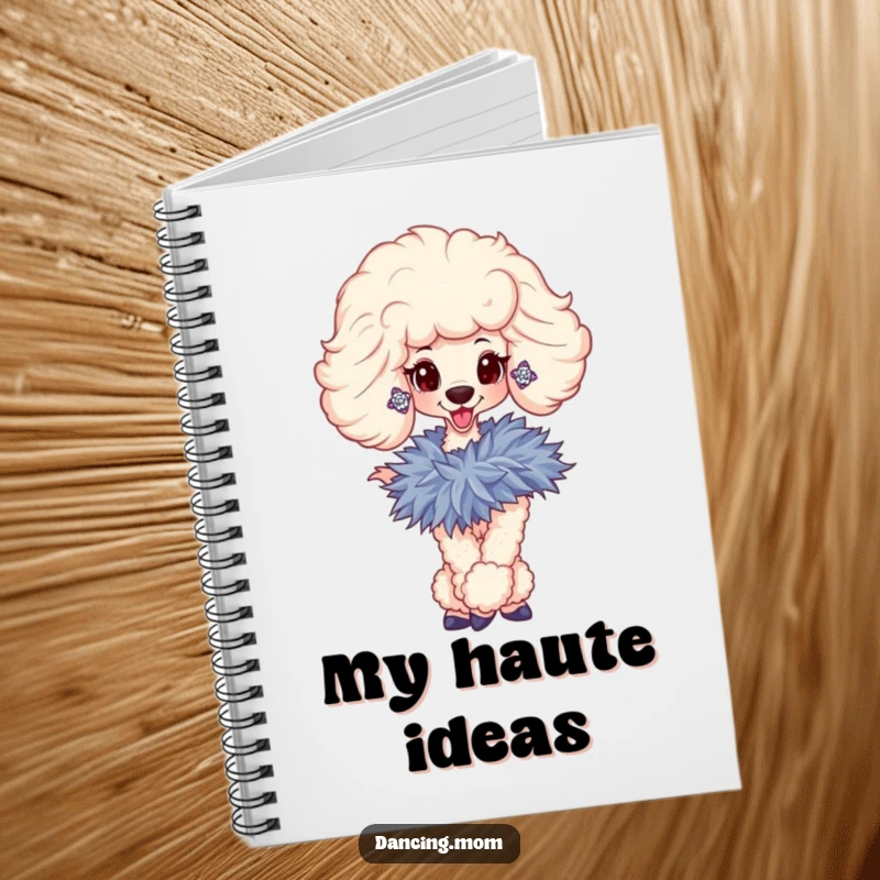 Funny notebook with a sophisticated poodle adorned with sparkly earrings and a boa, perfect for stylish journaling.