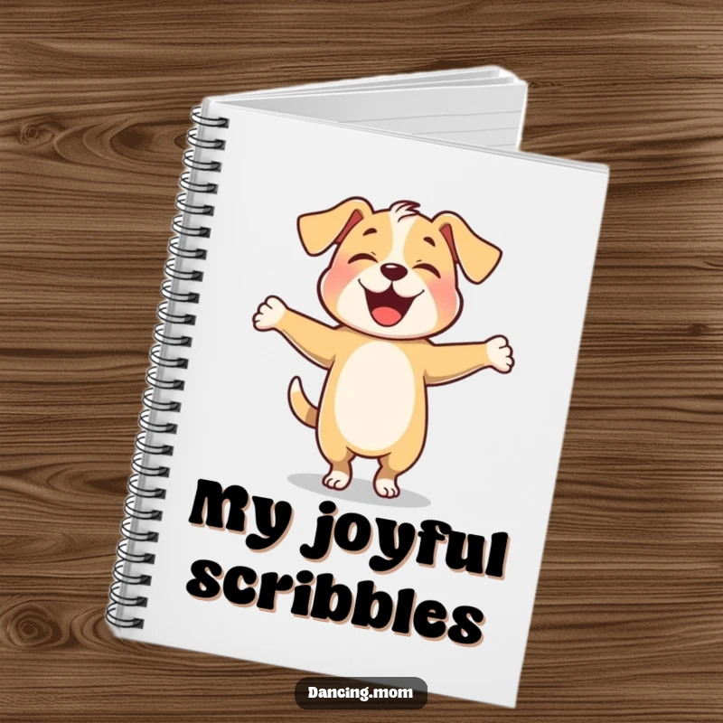 Funny dog twirling with arms outstretched happily, on the cover of a joyful notebook.