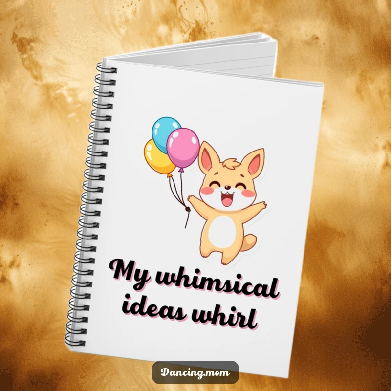 Funny notebook cover with an excited animal character twirling with balloons, symbolizing joy, celebration, and exciting plans.