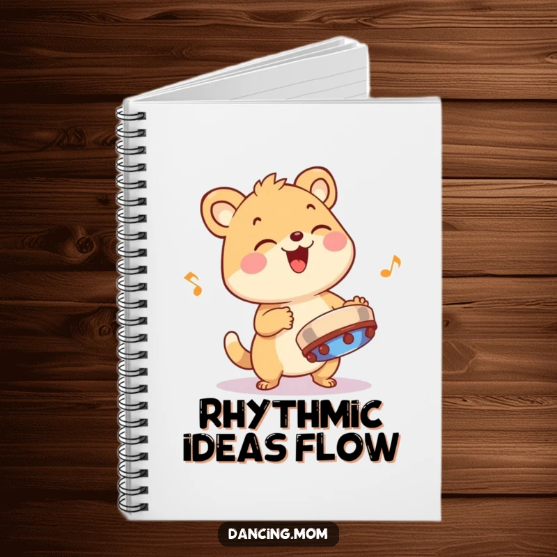 Funny animal character playing a tambourine with infectious rhythm, featured on the cover of a notebook for energetic entries.