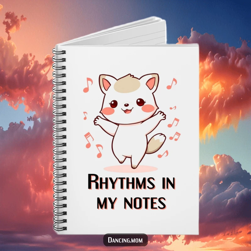 Funny notebook with a kawaii dancing animal in motion, surrounded by musical notes, inspiring rhythmic ideas.