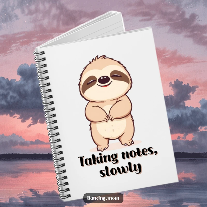 Funny Sloth notebook with a cover of a happy sloth grooving slowly, eyes closed in bliss, ideal for journaling calm thoughts.