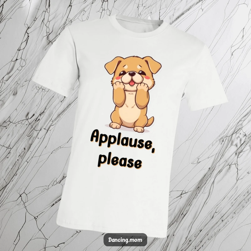 Funny t-shirt showcasing a dog doing a dramatic bow with paws elegantly spread, a true moment of comedic performance.