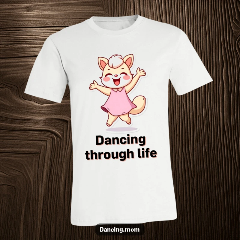Funny t-shirt with a dancing mom animal figure joyfully twirling, showcasing a bright, happy expression, ideal funny gift for energetic moms.