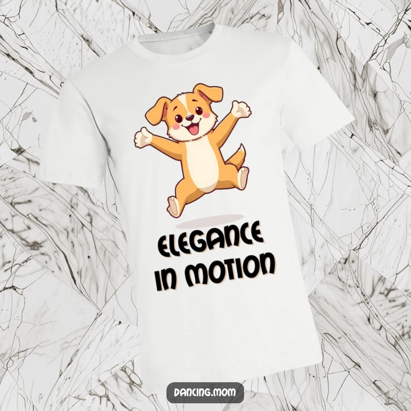 Funny t-shirt featuring a dog leaping elegantly with arms outstretched, showcasing a hilarious blend of athletic grace and canine joy.