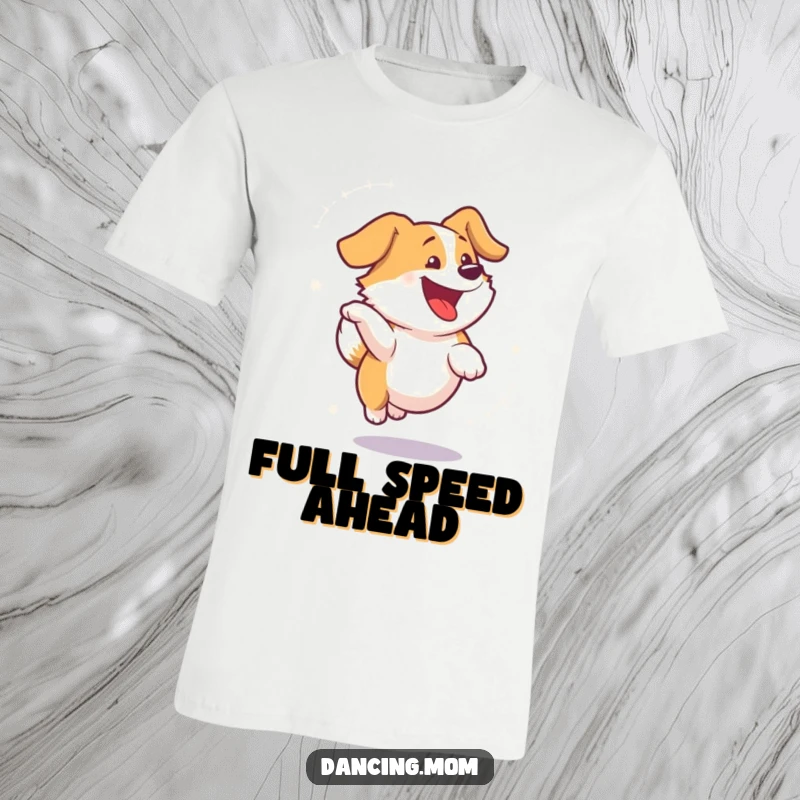 Funny dog t-shirt illustrating a dog spinning ecstatically, a whirlwind of happiness and energetic movement for a laugh.