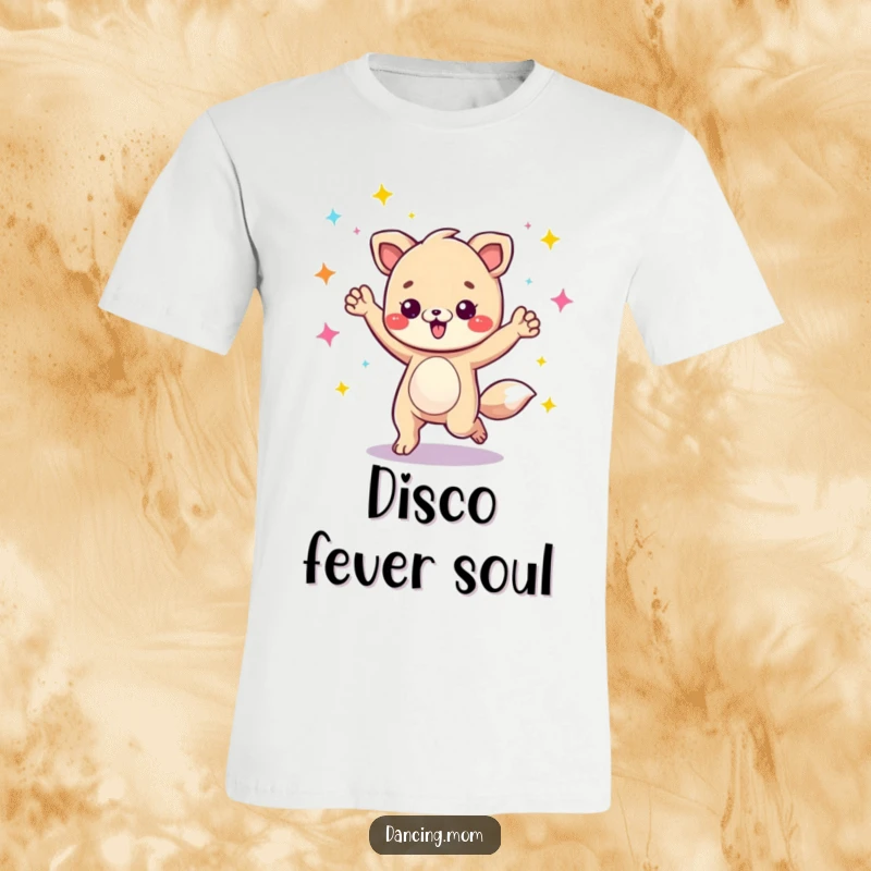 Funny animal character energetically grooving under colorful disco lights, ideal for a fun party t-shirt.