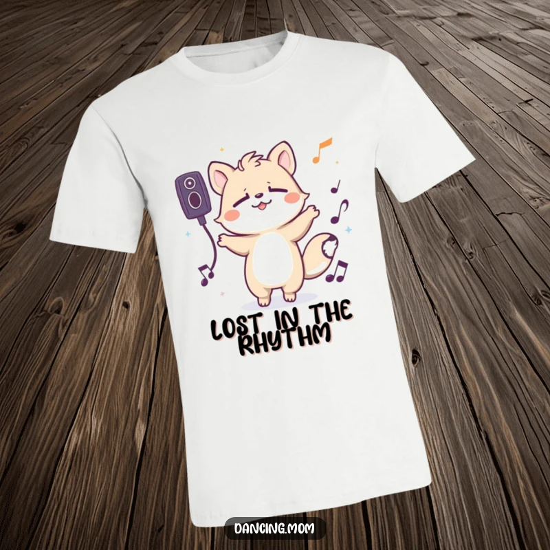 Funny t-shirt with a spirited animal character grooving with eyes closed, completely lost in the rhythm of unseen music, pure bliss.