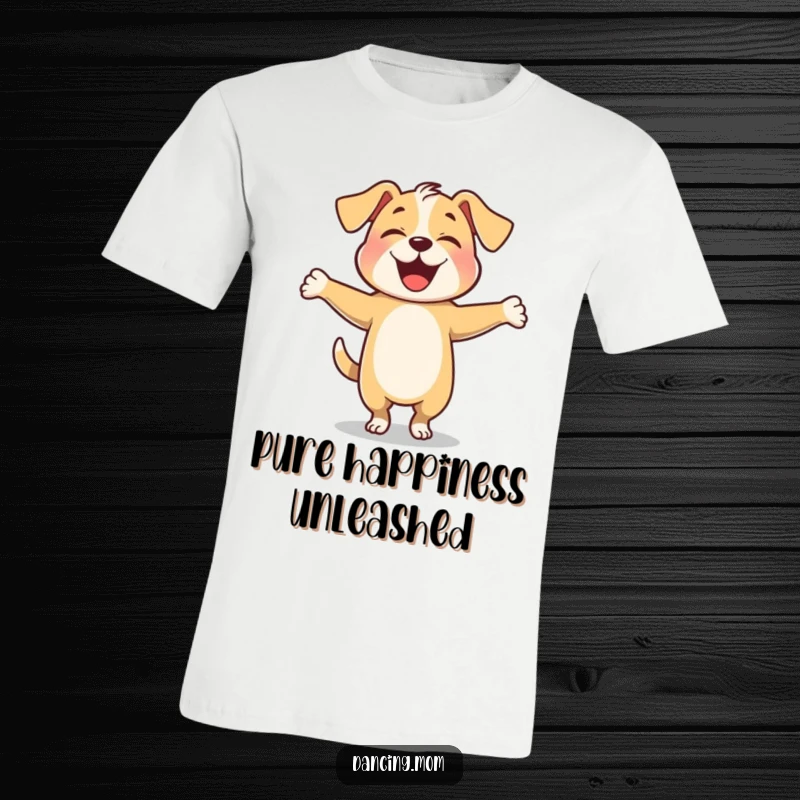Funny dog twirling with arms outstretched happily, printed on a vibrant and fun t-shirt.