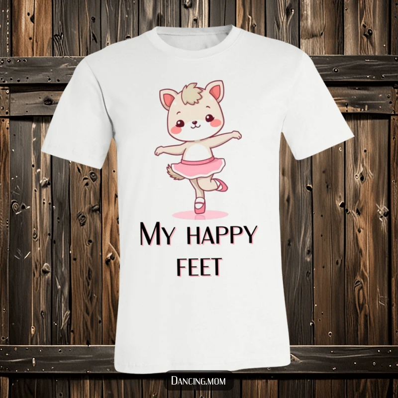 Funny kawaii dancing animal character performing a ballet twirl, wearing cute ballet shoes, on a comfortable t-shirt.