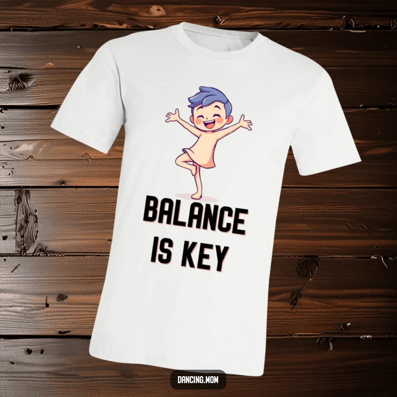 Funny t-shirt illustration of a playful dancer with a confident grin, perfectly balanced on one toe.