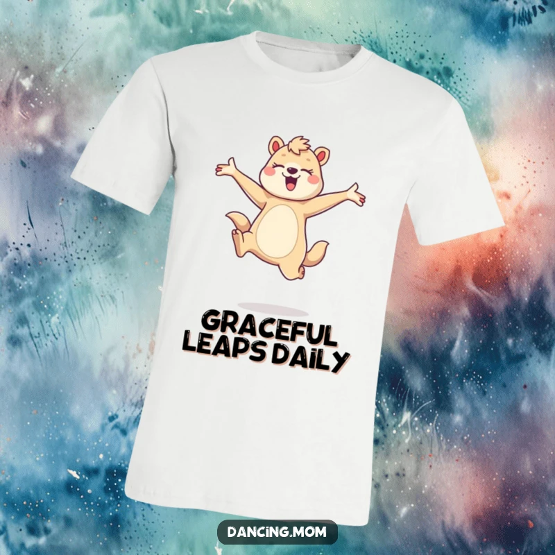 Funny t-shirt showing a dancing mom animal leaping gracefully, arms wide open, conveying pure joy, ideal funny gift.