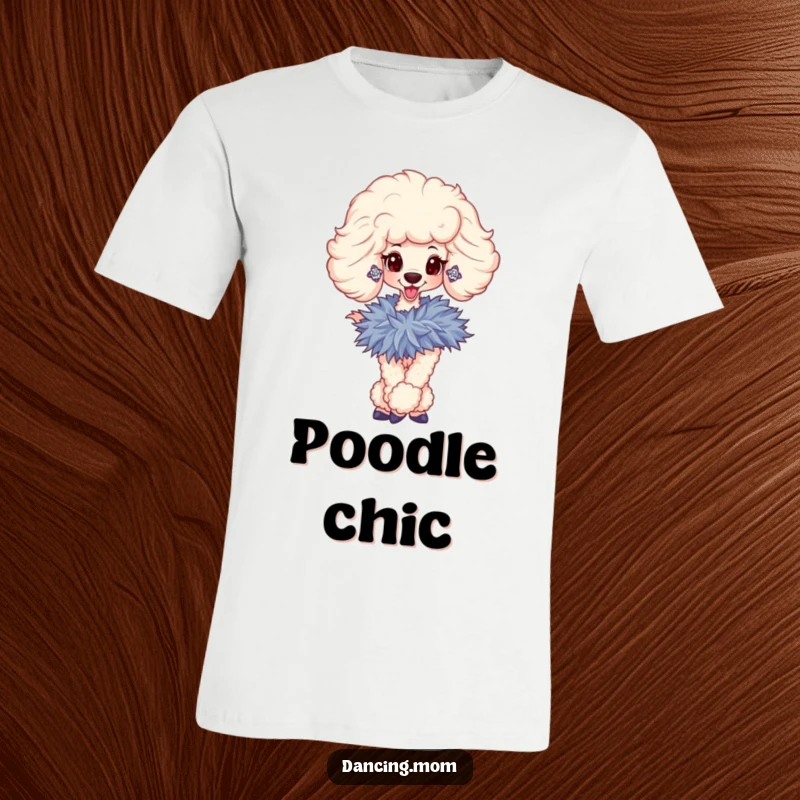 Funny t-shirt of a sophisticated poodle adorned with sparkly earrings, gracefully twirling with a fabulous feathered boa.
