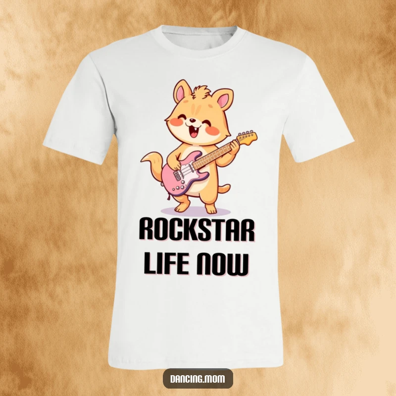 Funny t-shirt depicting a kawaii animal playing air guitar with extreme enthusiasm and energetic flair, ready to rock.