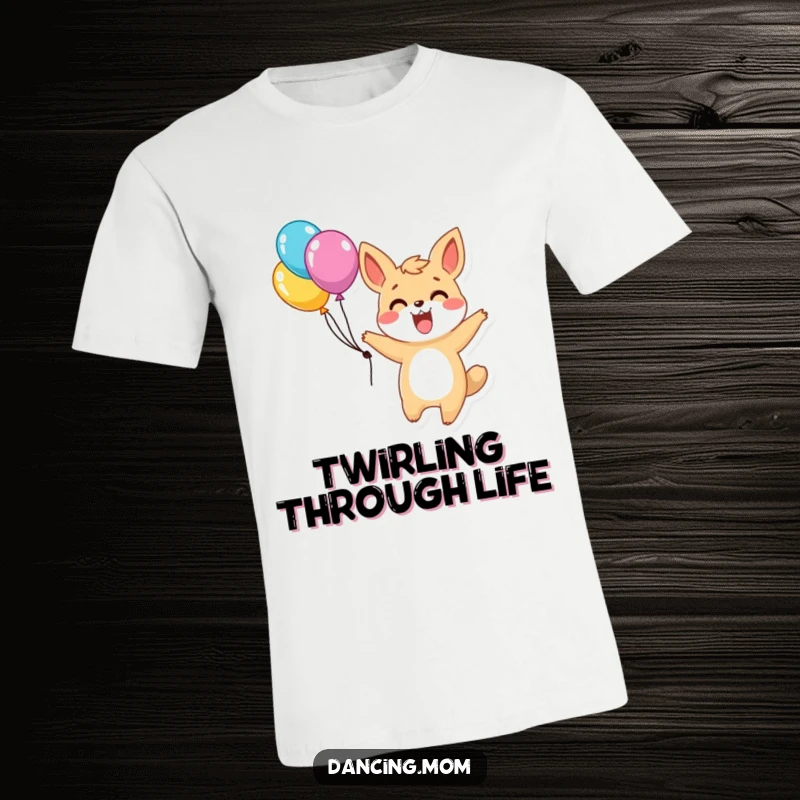 Funny t-shirt with an excited animal character in a joyful twirl, holding colorful balloons, radiating pure celebratory excitement.
