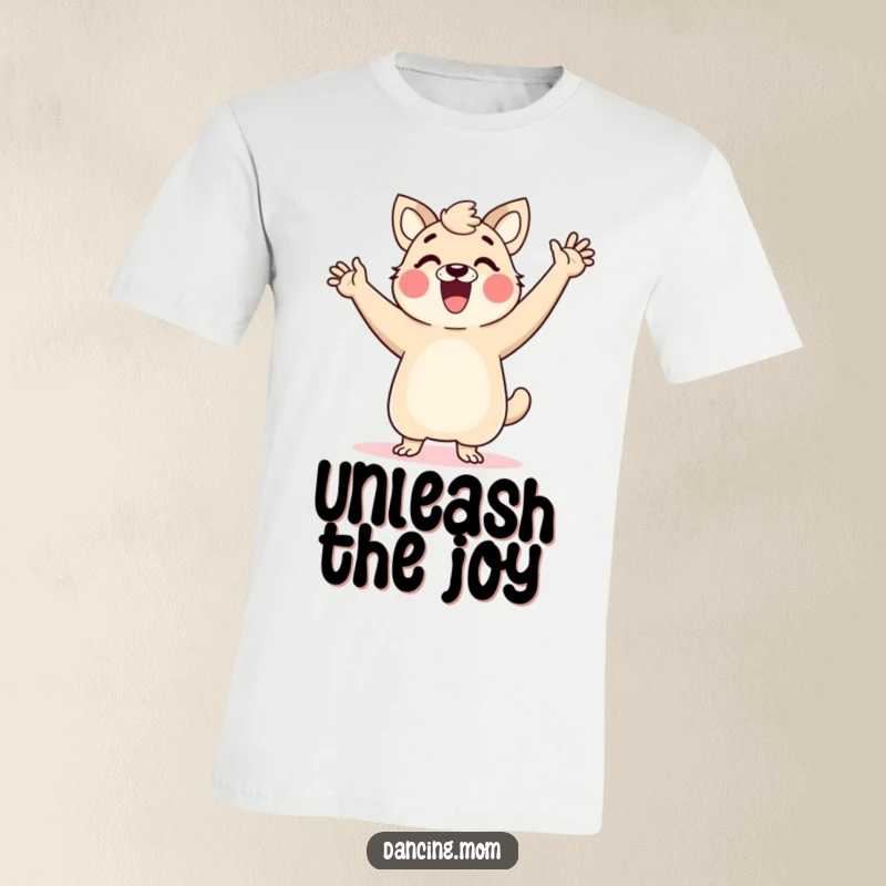 Funny dancing mom animal t-shirt, arms in the air, full of glee, expressing pure, uninhibited joy and celebration.