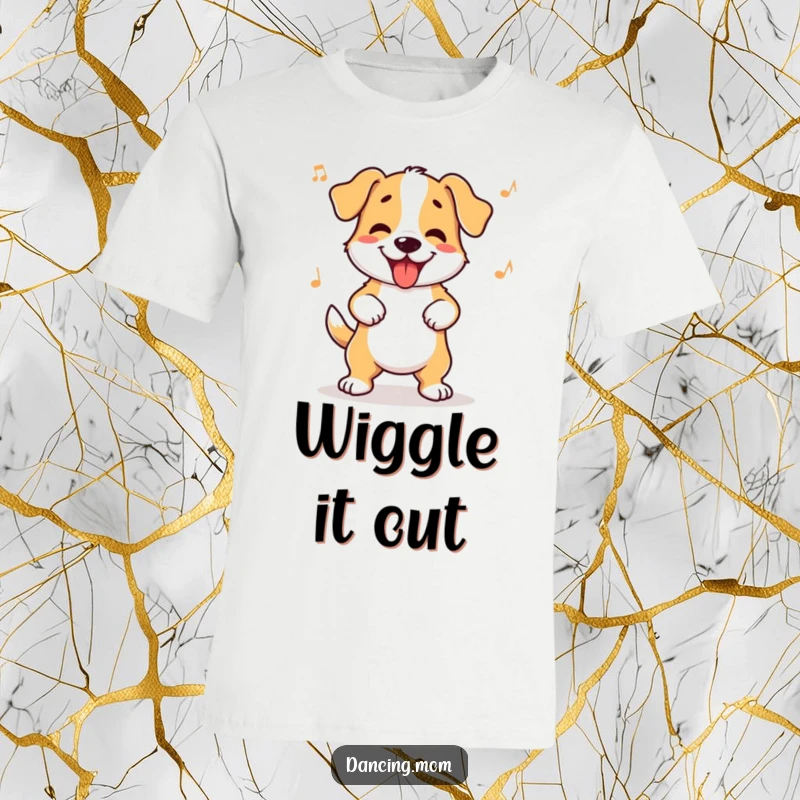 Funny dog t-shirt featuring a dog wiggling its hips with infectious rhythm and pure, unadulterated happiness.