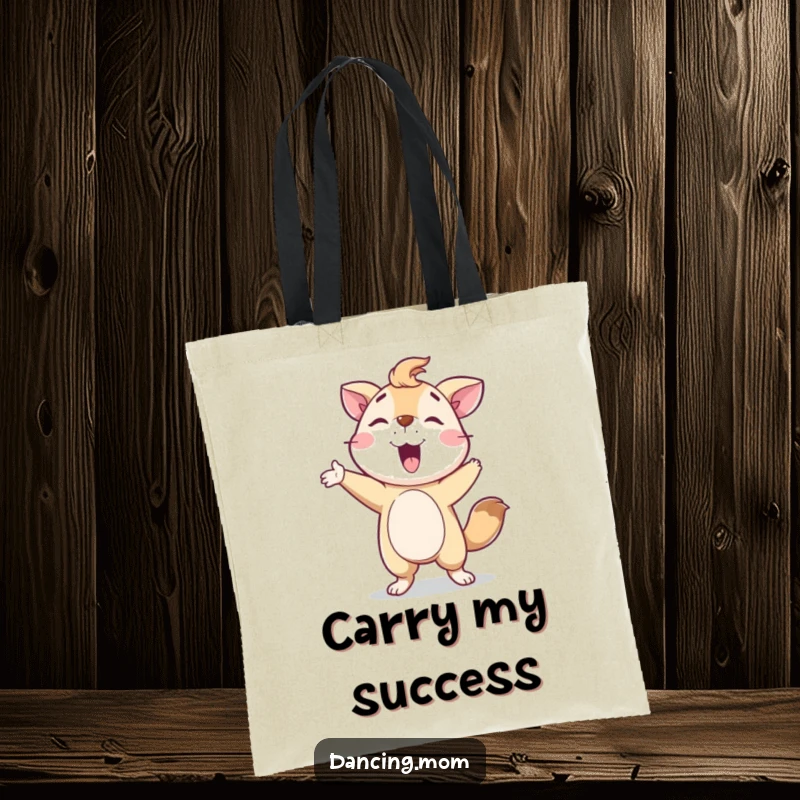 Funny Tote Bag: A delighted animal character beaming with pride after a delightful spin, ready for adventure.