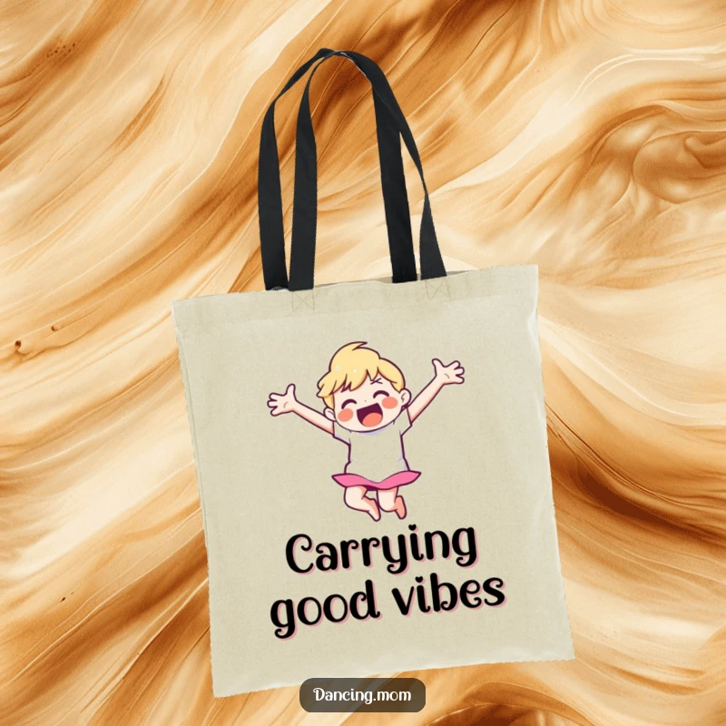 Funny tote bag showcasing a happy dancer with arms spread wide, in the midst of an elegant aerial leap.
