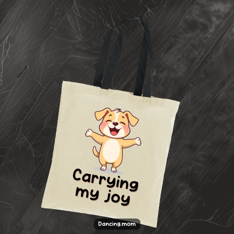 Funny dog twirling with arms outstretched happily, featured on a durable canvas tote bag.