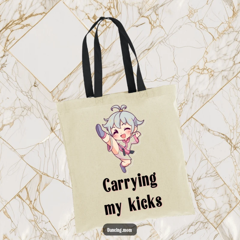 Funny tote bag adorned with a character performing a graceful high kick, symbolizing energy and joyful movement.