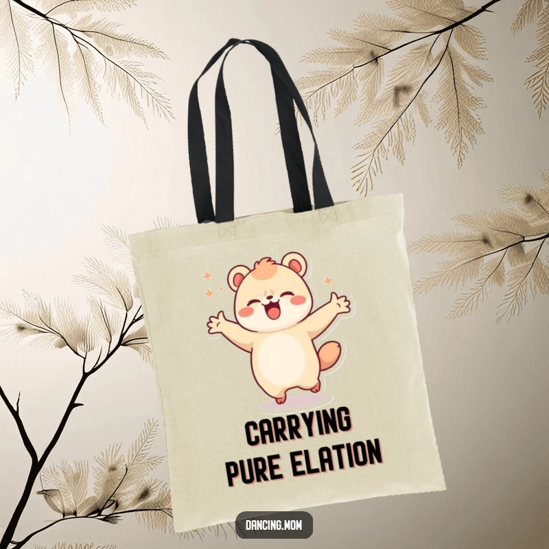 Funny tote bag featuring a kawaii animal in a joyful spin, arms outstretched, ready to carry your items with happiness.