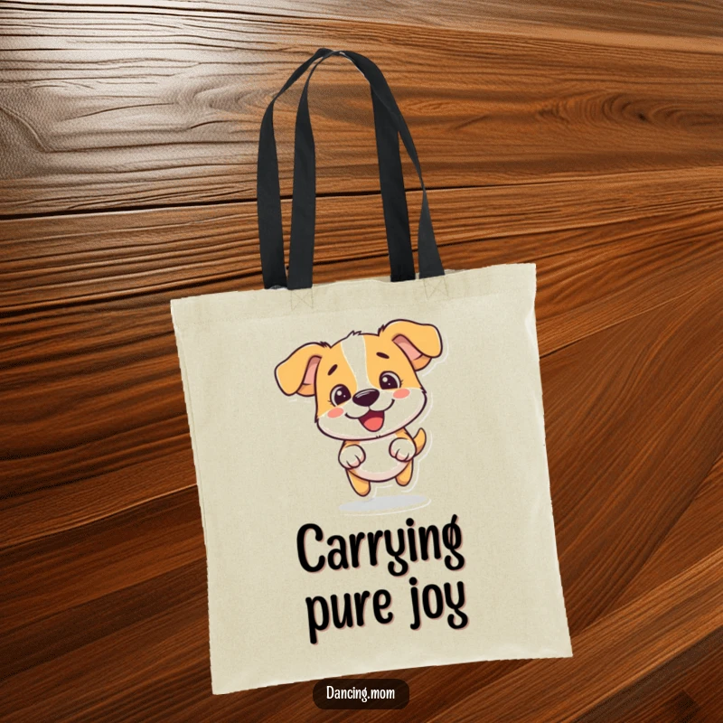 Funny dog tote bag depicting a dog doing a silly little hop with pure fun, perfect for carrying items.