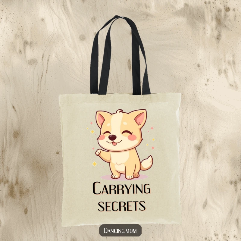 Funny dog tote bag depicting a dog winking playfully during a dance, perfect for carrying essentials with humor.