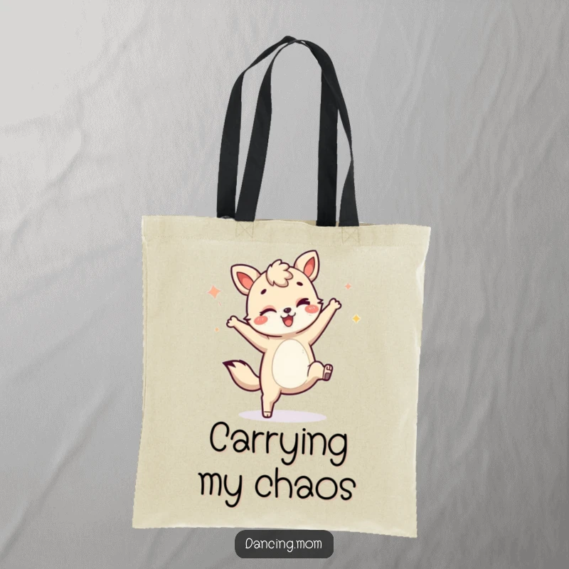 Funny tote bag depicting a happy animal winking while performing a cartwheel, perfect for carrying groceries or jokes.