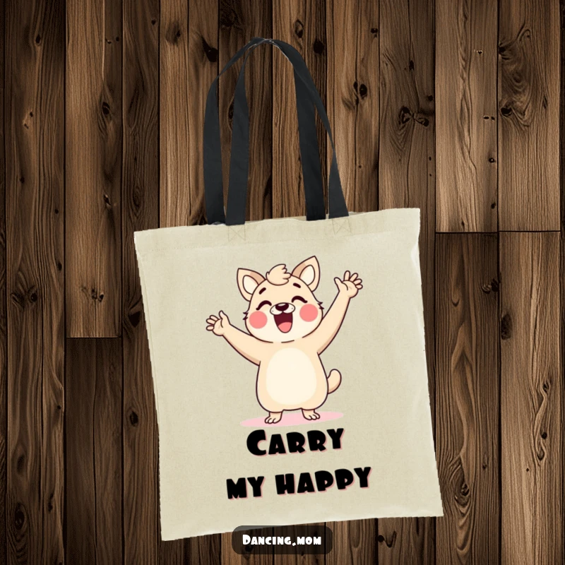 Funny dancing mom animal tote bag, arms up in glee, showcasing a vibrant and happy celebration, perfect for shopping.