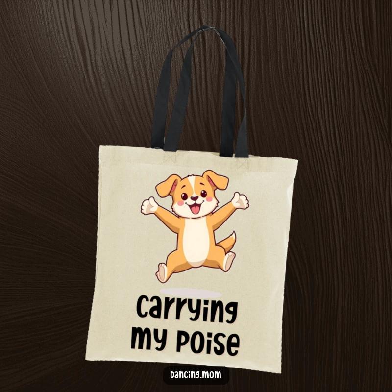 Funny tote bag featuring a dog in a hilarious, graceful leap pose, arms extended, making a statement of playful elegance.