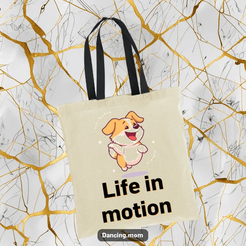 Funny dog tote bag depicting a happy dog spinning in a delightful blur, perfect for carrying groceries with a smile.