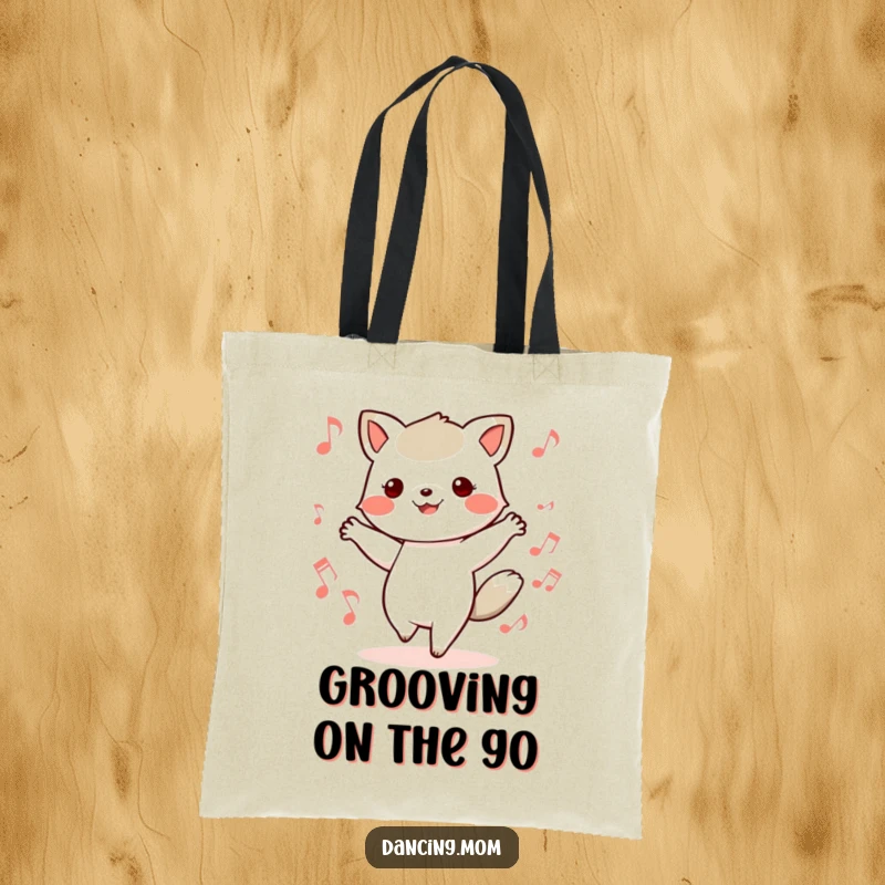 Funny tote bag featuring a kawaii dancing animal with feet in motion, surrounded by musical notes, perfect for music lovers.